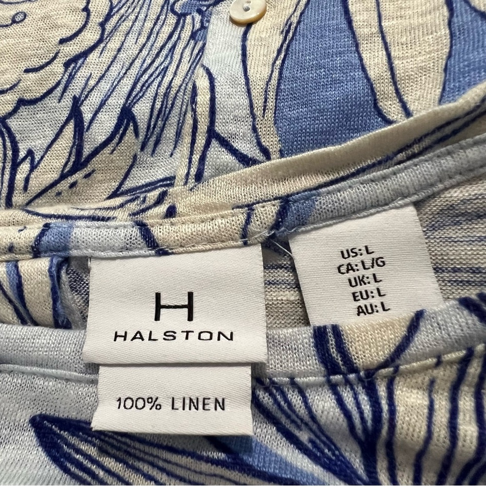 Halston Womens Top L Blue Floral 100% Linen Short Sleeve Button Back R13 - Picture 6 of 6